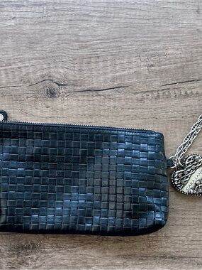 Vintage Cara Landy Black Woven Leather Wristlet Clutch with charm